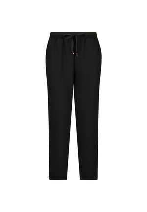 Pantaloni neri a sigaretta realizzati in tessuto leggero, con vita elastica e coulisse, e dettagli in metallo dorato. Nessuna tasca visibile.
