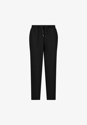 Black tapered pants made of lightweight fabric, featuring an elastic waistband with a drawstring and gold metal accents. No pockets visible.