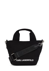 Piccola borsa a tracolla nera in tessuto con manici corti, tracolla larga staccabile e logo "KARL LAGERFELD" bianco sul davanti.