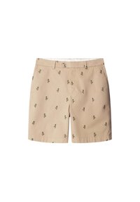 Beige shorts made of cotton, featuring small green palm tree patterns. Includes a waistband with a button and two side pockets.