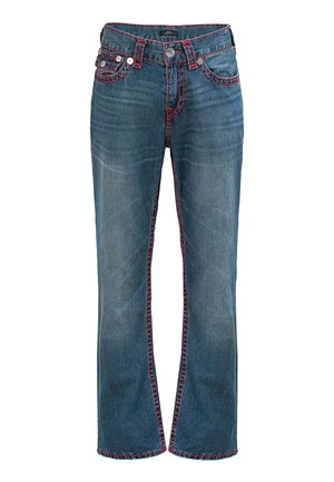 Blauwe denim jeans met rode stiksels langs de naden en zakken, met een recht benedendeel en vijf-pocket styling.