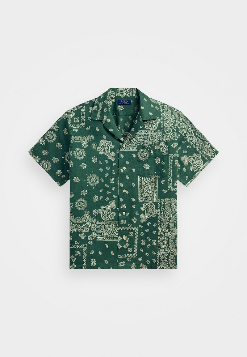 Kortermet skjorte i mørkegrønt stoff med hvite paisley- og blomsterprint, med klassisk krage og frontknapping.