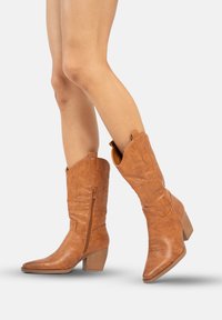 Botas vaqueras de cuero marrón claro con punta afilada, costuras decorativas, cremallera lateral y tacón apilado. Acabado texturizado que añade detalle.