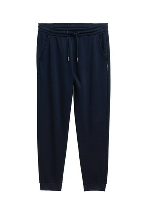 Pantalones joggers azul marino hechos de material suave, con una cinturilla elástica con cordón, dos bolsillos laterales y piernas ajustadas.