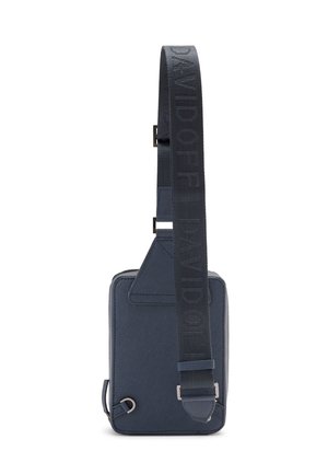 Navy blue sling bag made of textured material, featuring a broad, embossed strap with 'DAVIDOFF’ logo and minimalistic design.