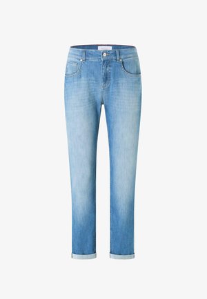 Jeans din denim albastru deschis, cu un design drept, ușoară decolorare, stil cu cinci buzunare și tiv rulat la gleznă. Închidere clasică cu buton.