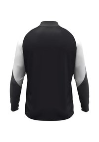 Pullover a maniche lunghe bianco e nero con colletto alto, caratterizzato da design delle maniche a contrasto e una texture liscia.