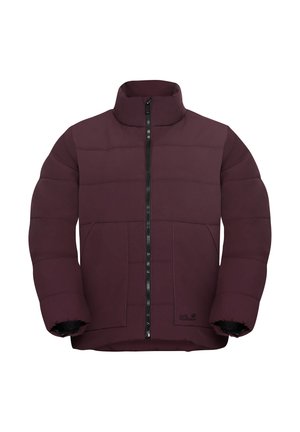 Veste matelassée bordeaux avec fermeture éclair, col montant, design matelassé horizontal et poches latérales. Tissu texturé avec détail du logo inclus.