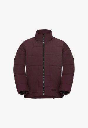 Giacca a vento bordeaux con chiusura a zip, colletto alto, design a righe orizzontali e tasche laterali. Tessuto texturizzato e dettaglio del logo inclusi.