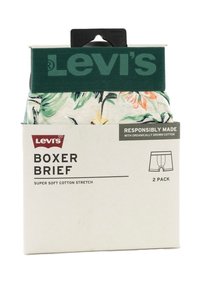 Caleçons Levi's à motif floral, avec une ceinture élastique verte. L'emballage indique un coton stretch super doux. Lot de deux.