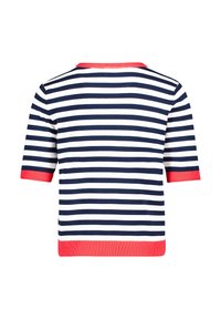 Marineblå og hvide stribede kortærmede top med rød ribbet halsudskæring og manchetter. Glat stoftekstur, klassisk crew neck design.