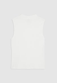 White sleeveless top with a high neckline, made of smooth fabric, featuring clean lines and no visible patterns or embellishments.