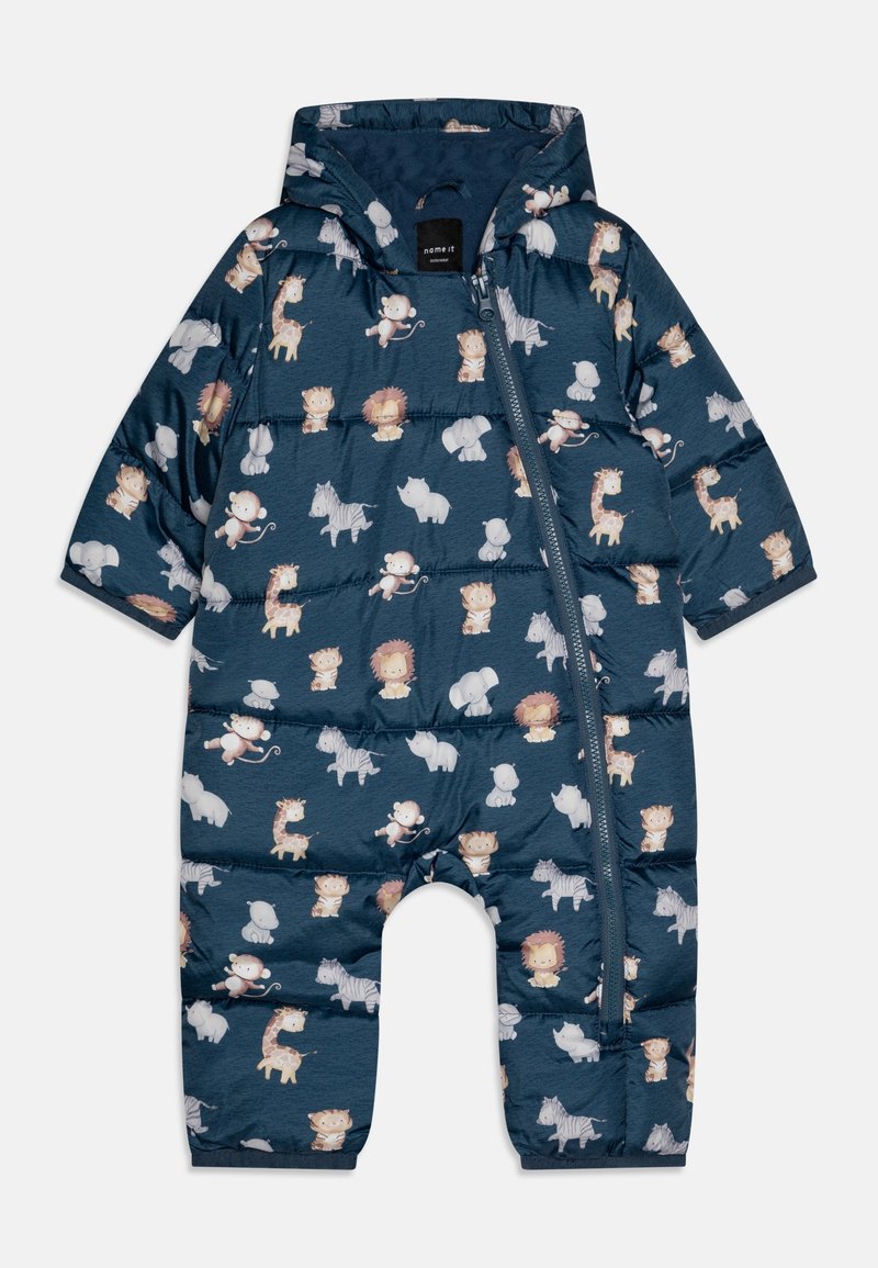 Marinblå vadderad babyoverall med huva, sidodragkedja och heltryck av lejon, giraffer, apor, elefanter, zebror och noshörningar.
