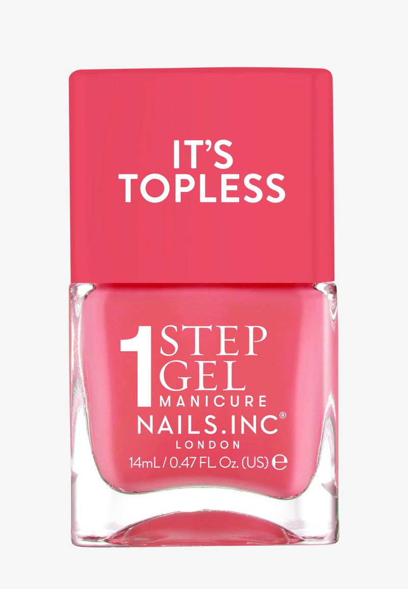 Nagellackflaska med ett klart rosa lock märkt "DET ÄR TOPPLÖST." Klar glasflaska med en rosa gel-formula. 14 ml kapacitet.