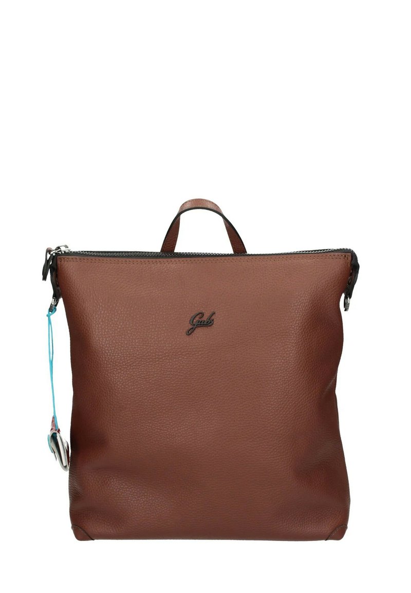 Borsa in pelle marrone con finitura testurizzata, dotata di chiusura con zip superiore, una maniglia corta e un portachiavi decorativo sul lato.