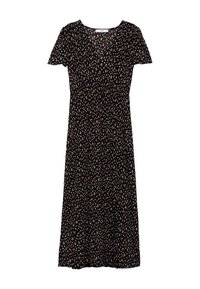 Schwarzes Blumenkleid mit kurzen Ärmeln, V-Ausschnitt und tailliertem Oberteil. Es hat ein gemustertes Design mit kleinen, mehrfarbigen Blumen.