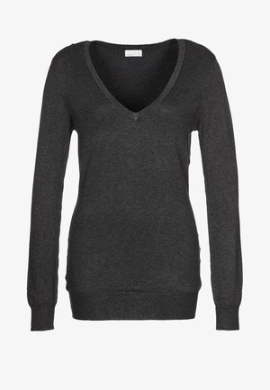 Donkergrijze trui met lange mouwen, V-hals, geribbelde manchetten en zoom. Gemaakt van zachte stof met een aansluitend silhouet.