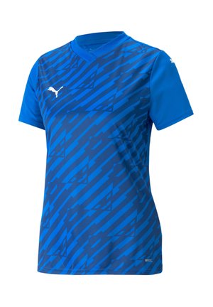 Maglietta sportiva blu con scollatura a V, maniche corte, caratterizzata da un motivo geometrico in tonalità di blu scuro e un piccolo logo sul petto.