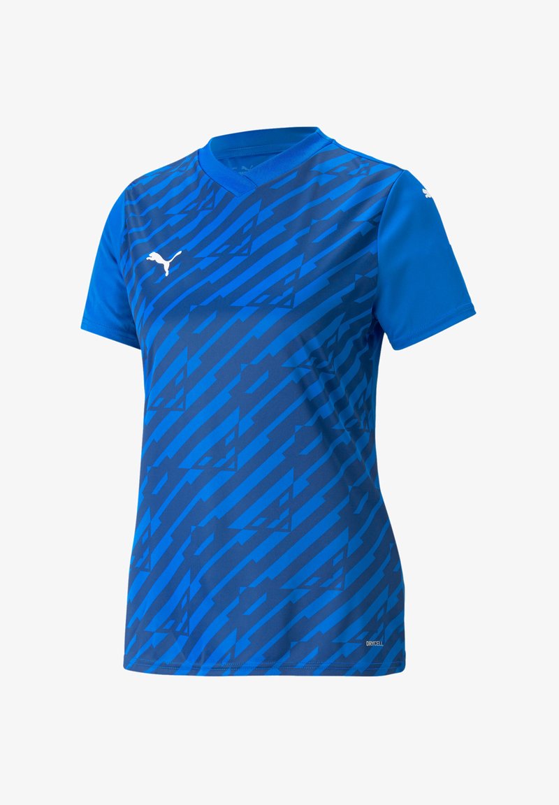 Maglietta sportiva blu con scollatura a V, maniche corte, caratterizzata da un motivo geometrico in tonalità di blu scuro e un piccolo logo sul petto.