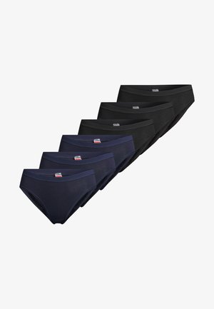 Packung mit sechs Damen-Slips in Schwarz und Marineblau. Hergestellt aus glattem, dehnbarem Stoff in einfarbiger Ausführung, mit einem weichen Bund und ohne Muster.