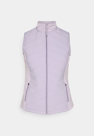 Colete lilás sem mangas com gola alta, apresentando um padrão acolchoado, fecho frontal em zíper e bolsos laterais com fechos em zíper.