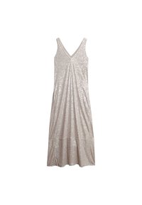 Ärmelloses, V-Ausschnitt Kleid in hellbeige, bedeckt mit glitzernden Pailletten. Fließende Silhouette mit einem knielangen Saum und weichem Stoffgefühl.