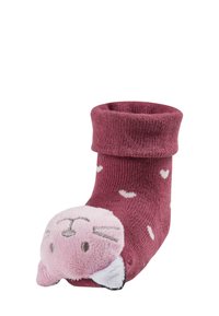 Fuzzy pink and burgundy sock with a soft cat face at the toe. Cuff is rolled; sock features small white heart patterns on burgundy.