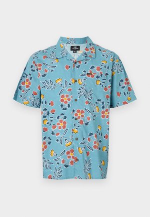 Light blue short-sleeve shirt with a floral pattern in red, yellow, and dark blue, featuring a classic collar and button closure.