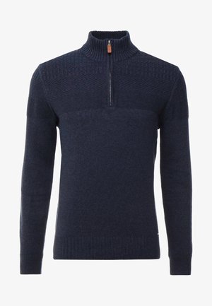 Navy blue sweater with a high collar and half zipper, featuring textured patterns on the upper chest and ribbed cuffs and hem.