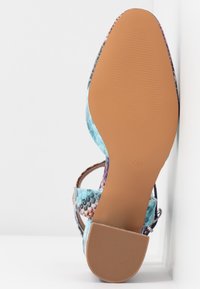 Vue de dessous d'une sandale multicolore à motif peau de serpent avec un talon carré texturé et un bout pointu.