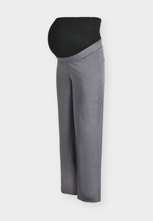 Zwangerschapsbroek met een brede zwarte elastische tailleband, lichtgrijze stof, een losse pasvorm en rechte pijpen, ideaal voor comfort tijdens de zwangerschap.