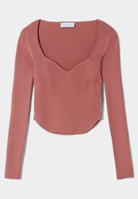 Geripptes Langarmoberteil in staubigem Rosa mit quadratischem Ausschnitt, Nahtdetails und figurbetontem Schnitt. Weicher, strukturierter Stoff.