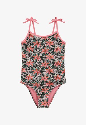 Kopalke z roza naramnicami, na katerih je cvetlični vzorec z oranžnimi lilijami in zelenimi listi na svetlem ozadju s črnimi pikami.