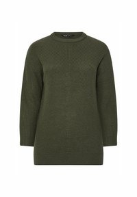 Grüner Strickpullover mit Rundhalsausschnitt, langen Ärmeln und gerippter Textur. Verfügt über einen lockeren Schnitt und vertikale Nähte an der Vorderseite.