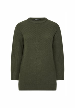 Suéter verde de punto con escote redondo, mangas largas y textura acanalada. Presenta un corte holgado y costuras verticales en la parte frontal.