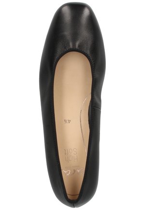 Ballerine en cuir noir avec un orteil carré. Texture lisse, couture minimale et semelle intérieure rembourrée. Taille indiquée comme 42.