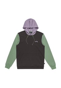 Sweat à capuche avec corps gris foncé, manches vert clair et capuche lavande, doté d'une poche avant et d'un petit logo blanc sur la poitrine.