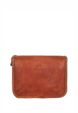 Brown leather clutch bag with visible stitching and a slightly worn texture, shown against a white background.