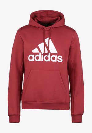 Vínová mikina s kapucí z měkké látky, s přední kapsou, kapucí se stahovací šňůrkou a velkým bílým logem Adidas na hrudi.