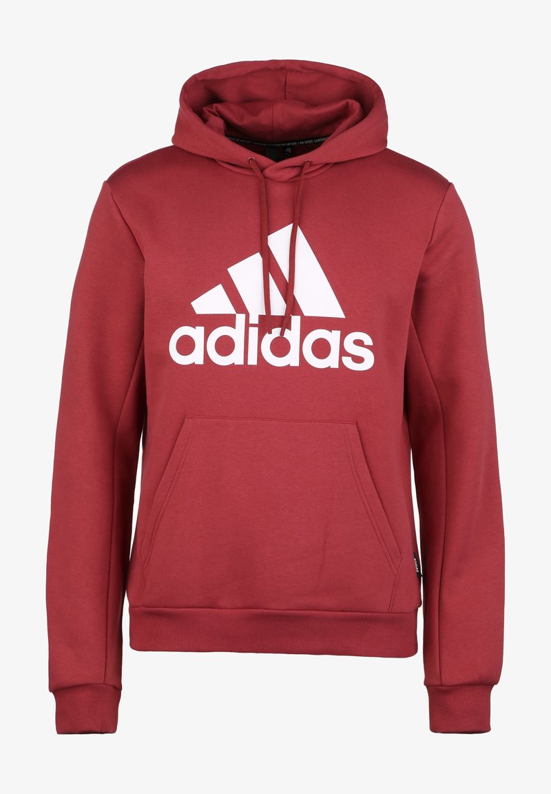 Sweat à capuche bordeaux en tissu doux avec une poche avant, une capuche à cordon de serrage et un grand logo Adidas blanc sur la poitrine.