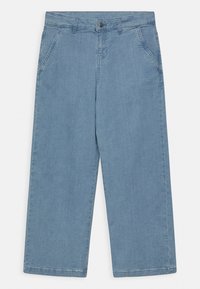 Modré denimové široké kalhoty s knoflíkovým zapínáním, předními kapsami a hladkým povrchem. Tkanina má vybledlý vzhled a přímý střih.