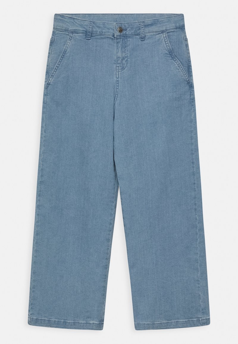 Modré denimové široké kalhoty s knoflíkovým zapínáním, předními kapsami a hladkým povrchem. Tkanina má vybledlý vzhled a přímý střih.