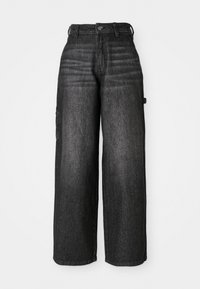 Wide-leg cargo jeans in dark denim. Features a high waist, two side pockets, and a subtle faded texture. Durable fabric and tailored fit.