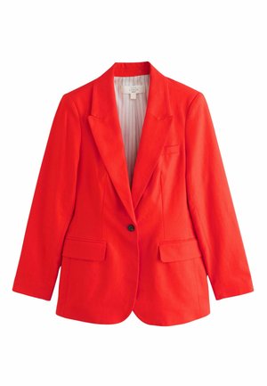 Élénk piros, egysoros gombos lenvászon blézer bevágott hajtókával, két első zsebfedővel és csíkos béléssel.