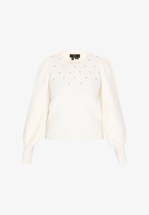 Valkoinen neulepusero, joka on valmistettu pehmeästä materiaalista. Siinä on puffimaiset pitkät hihat ja koristeluna pieniä hopeisia niittejä rinnalla.