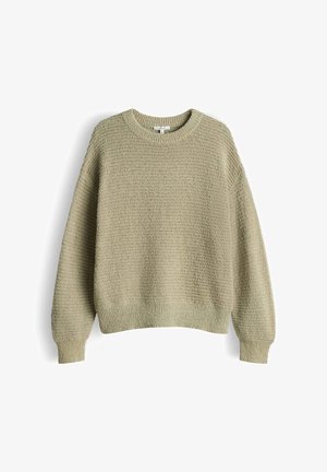 Lichtgroene gebreide trui met ronde hals, lange mouwen en geribbelde boorden en zoom, afgebeeld op een witte achtergrond.