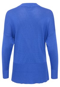 Royalblauer Pullover mit langen Ärmeln, rundem Halsausschnitt und gerippten Bündchen. Weiche Stricktextur mit geradem unteren Saum und entspannter Passform.