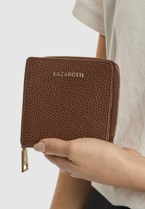 Brown pebbled leather wallet with a gold zipper and logo "LAZAROTTI" on the front. Compact square shape, textured surface, and gold hardware accent.
