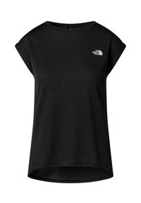 Černé tričko s krátkým rukávem vyrobené z měkké tkaniny. Obsahuje kulatý výstřih a logo potištěné na hrudi. Uvolněný, mírně volný střih s zakřiveným lemem.