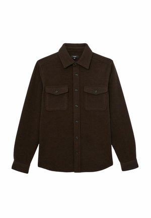 Tmavě hnědá košilová bunda s dlouhými rukávy, dvěma kapsami na klopu vpředu a špičatým límcem.